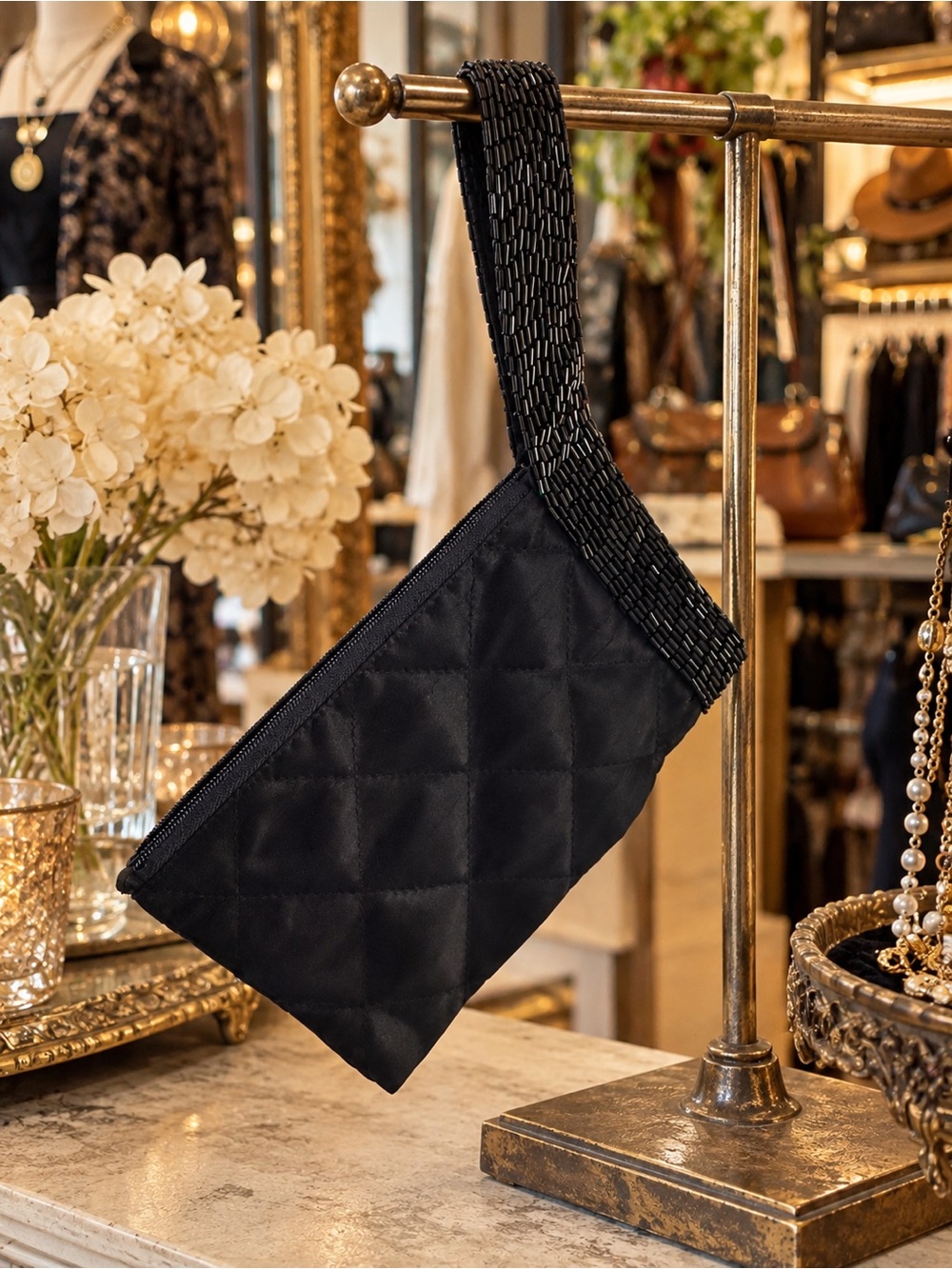 Black Quilted Wristlet Clutch with Beaded Strap